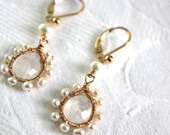 Gold Pearl Teardrop  Earring's:Drop's 14k gold fill Pearl and Moonstone Hand Wire Wrapped Drop Earring's.June Birthstone.