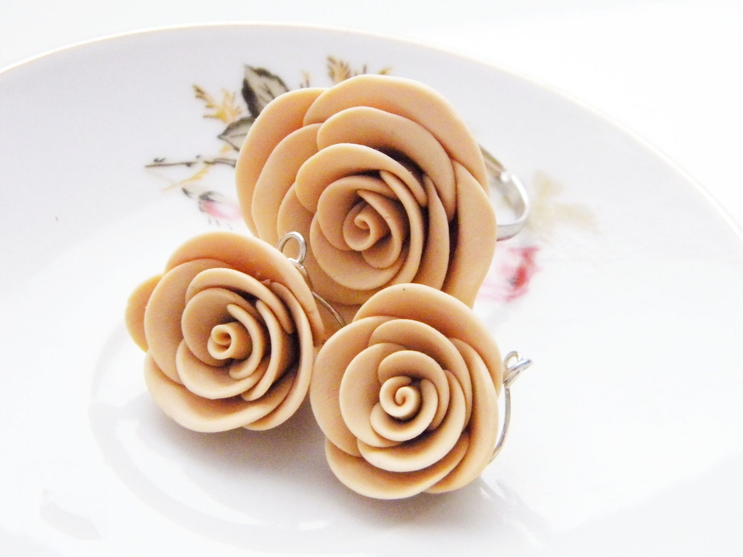 Nature Beige Rose Ring And Earrings with Polymer Clay, Valentine Day, Mothers Day, Gift For Her Under 15