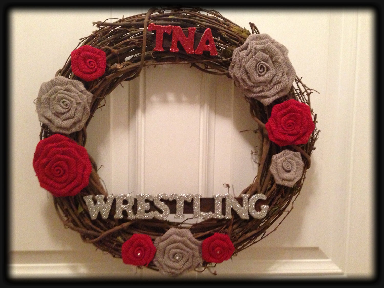 Grapevine Gray and Red Burlap Wreath with Glitter Letters- Holiday wreath, Anytime Wreath