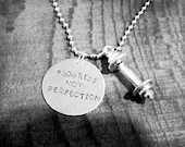 PROGRESS NOT PERFECTION necklace with pewter barbell... Crossfit workout
