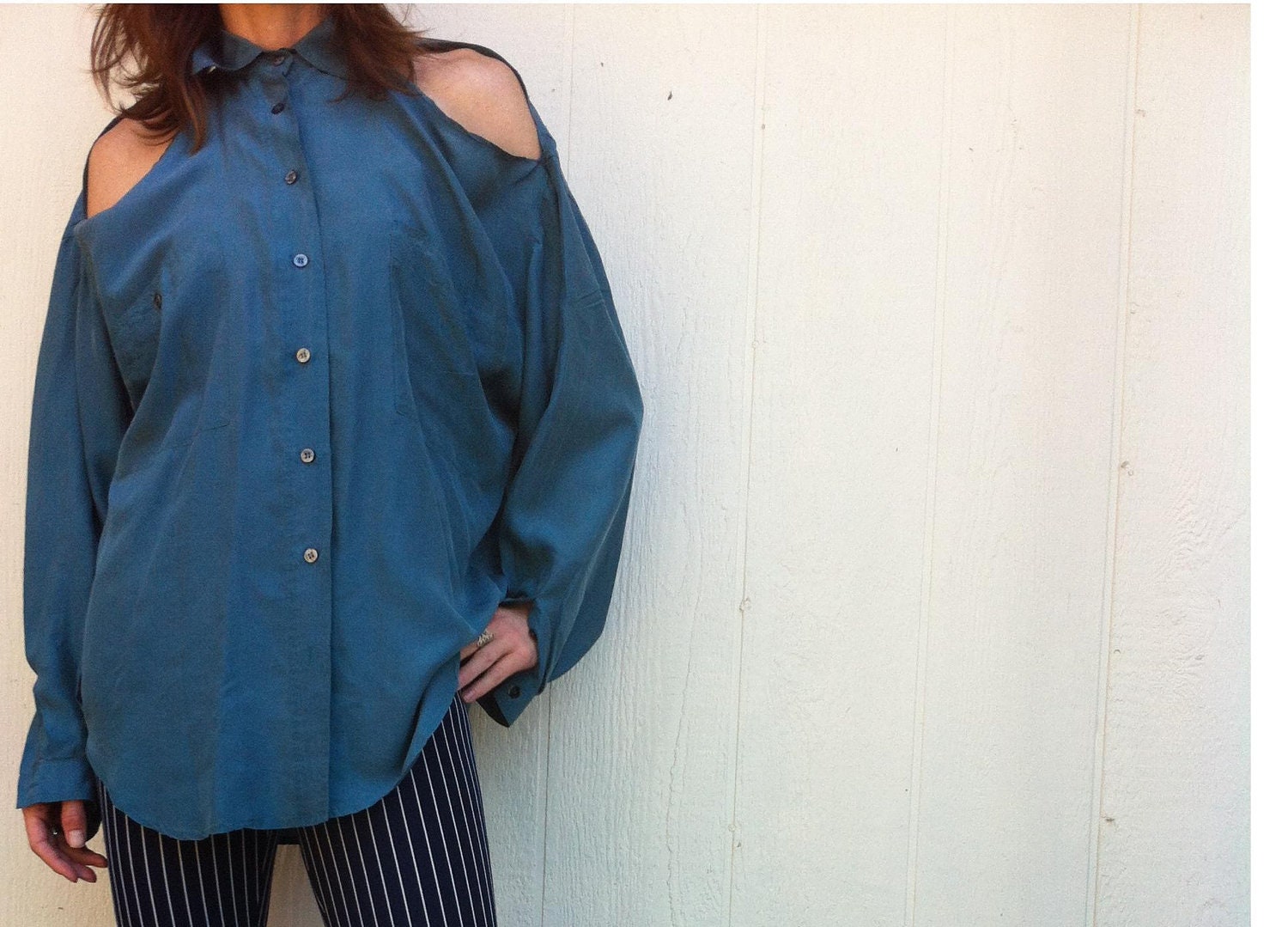 reconstructed indigo silk blouse with shoulder cut-outs