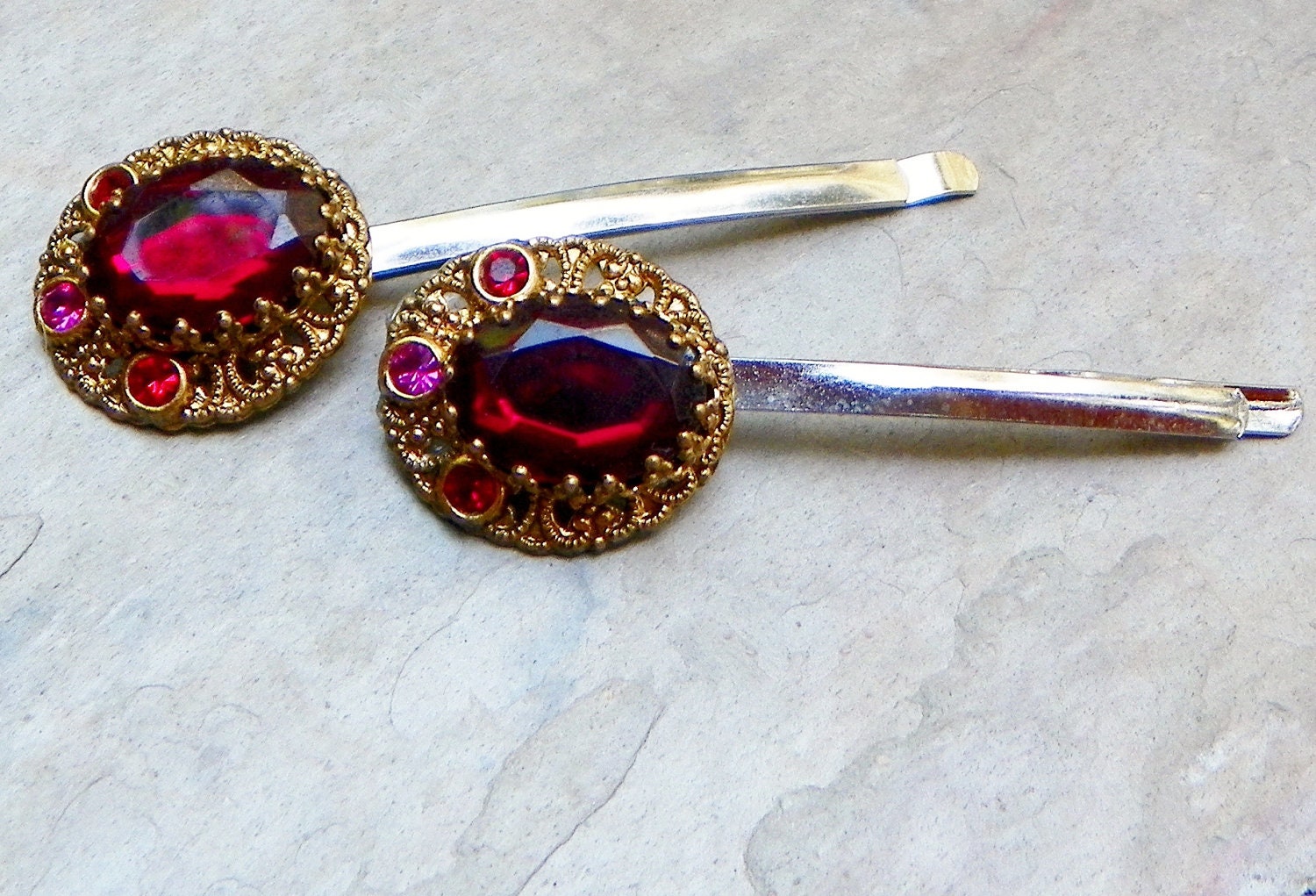 W Germany Red Ruby Retro Valentine Bobby Pins