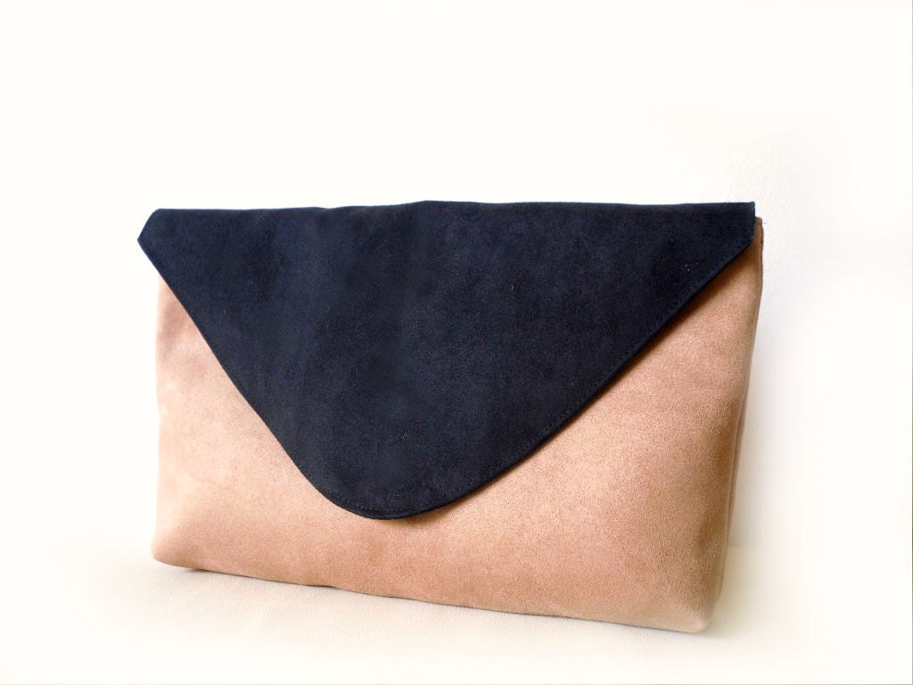 Large Envelope Clutch, Vegan suede, Color block, Tan and Black