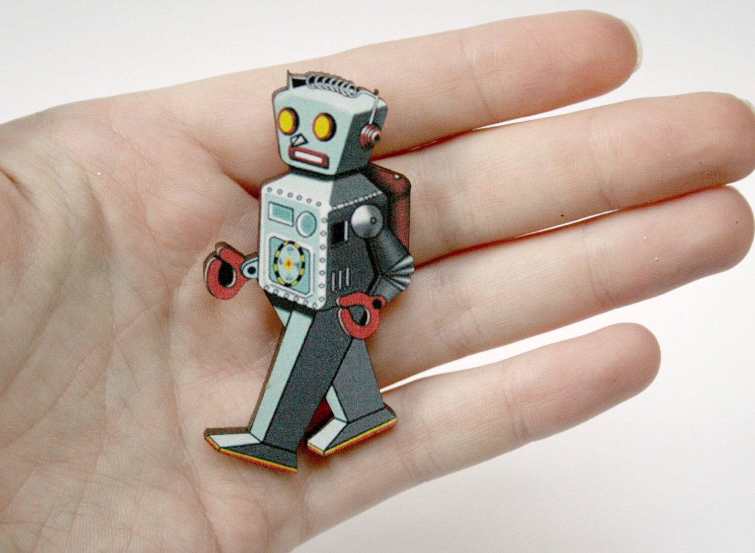 Retro Robot Wooden Brooch