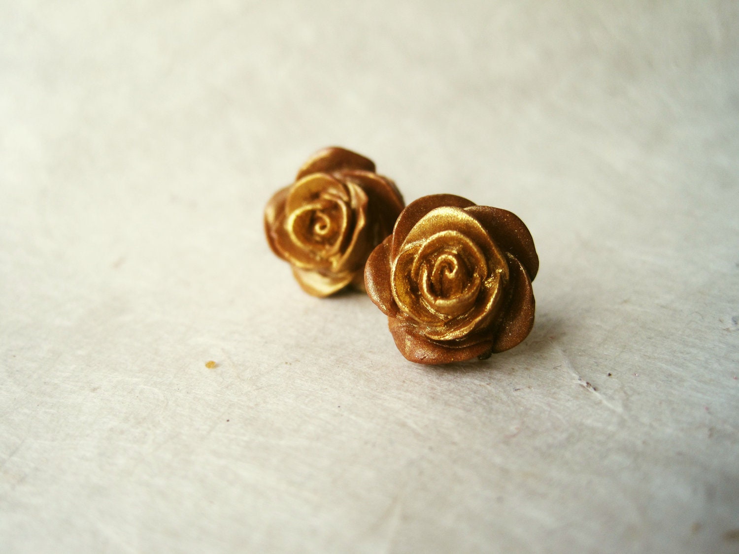 Gold Rose Earrings. Metallic Bronze Jewelry. Handmade Polymer Clay Earrings. Gold Earrings. FSE1.