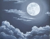 Moon and Clouds Painting, Night Sky, Full Moon Original Art, Moon and Clouds, Night Skyscape, Dark Sky Art, Black, Grey, Gray 10" X 10"