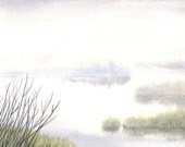Original Misty Water Painting, Foggy Marsh Landscape, Gray Marsh Painting, Nature Fine Art, Calm Water Art, Green, Grey Watercolor 8" X 10"