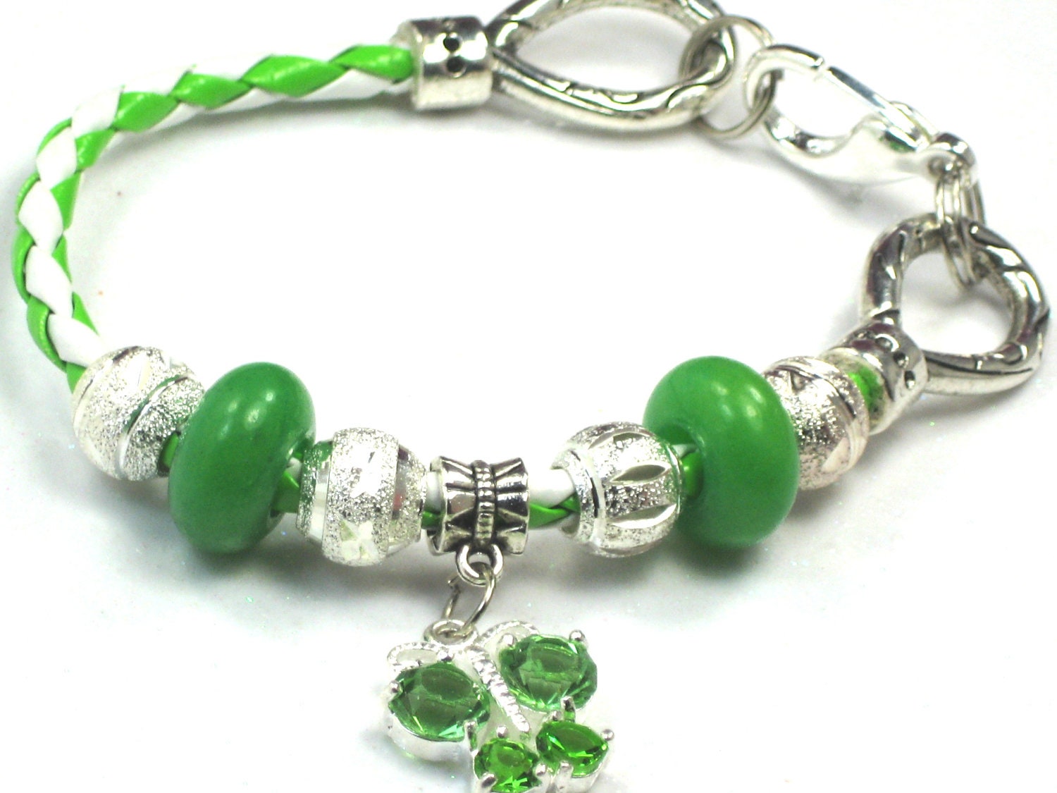 Green Gemstone Bracelet Green Butterfly Charm Bracelet Green Gemstone and White Leather Ch Green Crystal Butterfly Charm