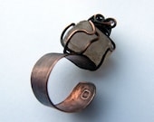 Large copper ring with white natural semiprecious quartz stone adjustable ring dark rown