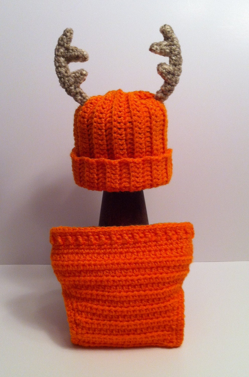 Daddy's Little Deer Hunter Crochet Blaze Orange Beanie Hat with Antlers -Newborn/Infant
