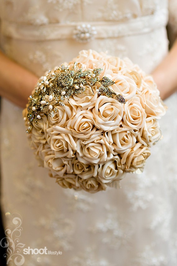 8 inch taupe handtied wedding bouquet with gold rose detail