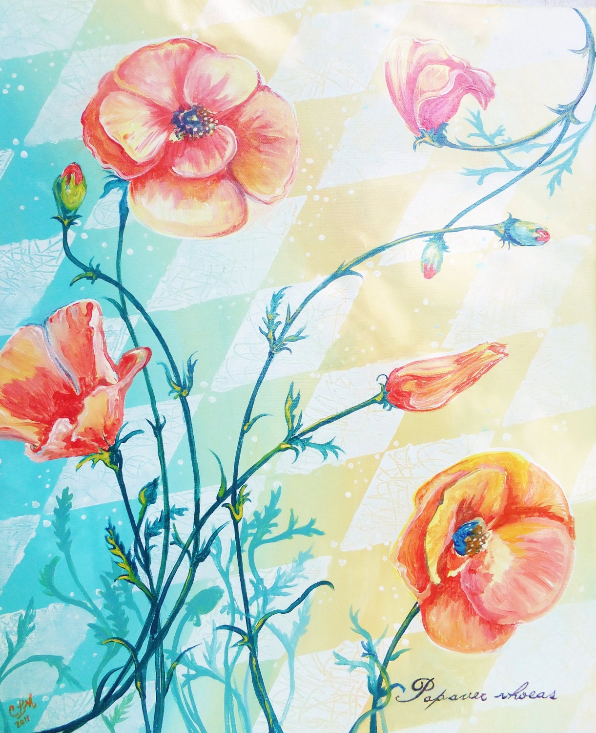 Botanical Original Painting Red Poppies over Harlequin backdrop, 16" x 20"