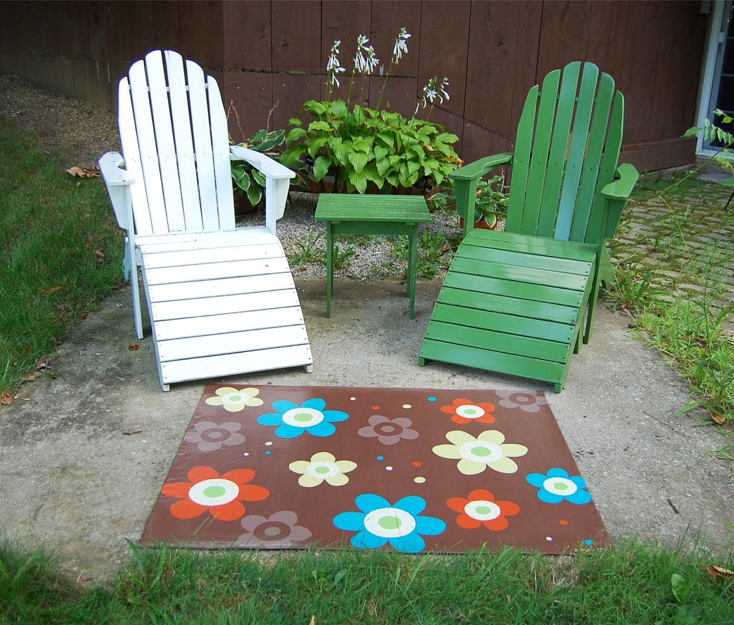 brown floorcloth with orange, blue and green flowers, canvas art for your floor