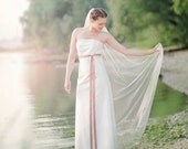 Charlotte- strapless empire wedding dress with flowery emroided silk, soft pink ribbon and a- line skirt, made by noni - mode