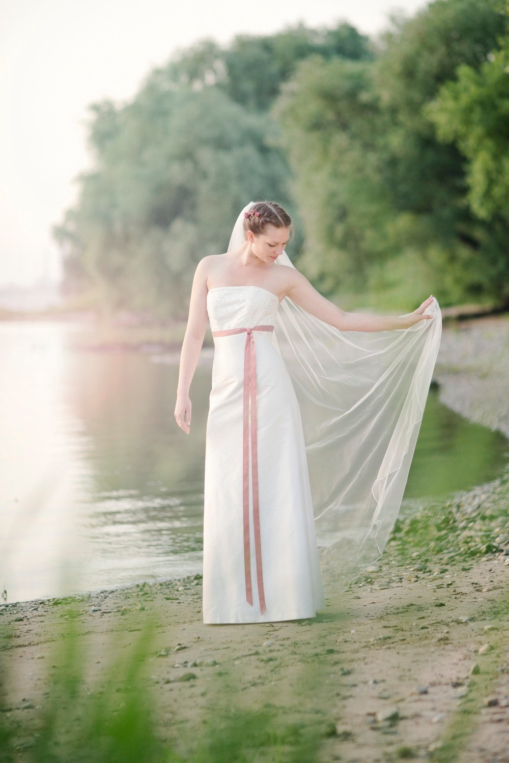 Charlotte- strapless empire wedding dress with flowery emroided silk, soft pink ribbon and a- line skirt, made by noni - mode