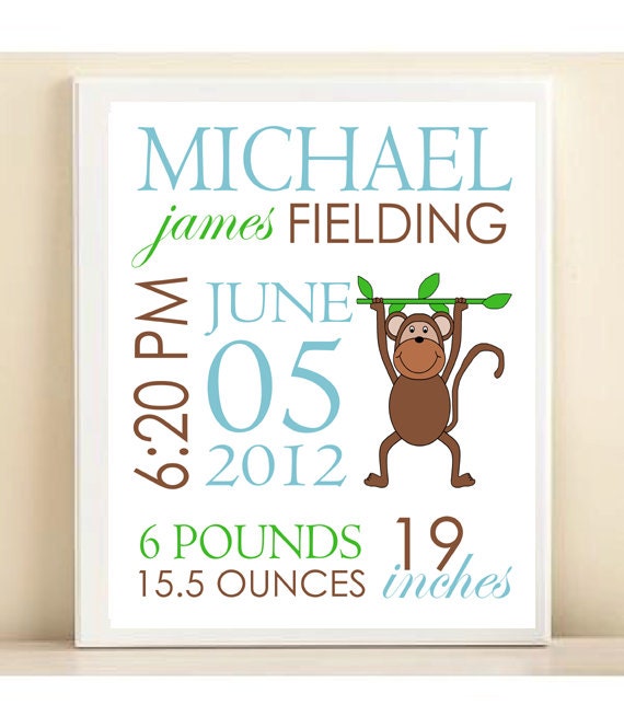 Custom Baby Name & Stats Typography Nursery Decor Print: 8x10 Poster in Monkey Blue, Green, Brown