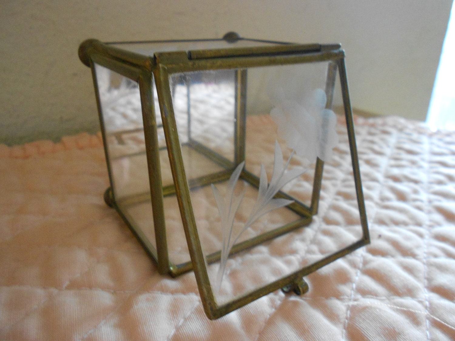 Beautiful Footed Hand Etched Glass with Brass / Mirrored base / REDUCED