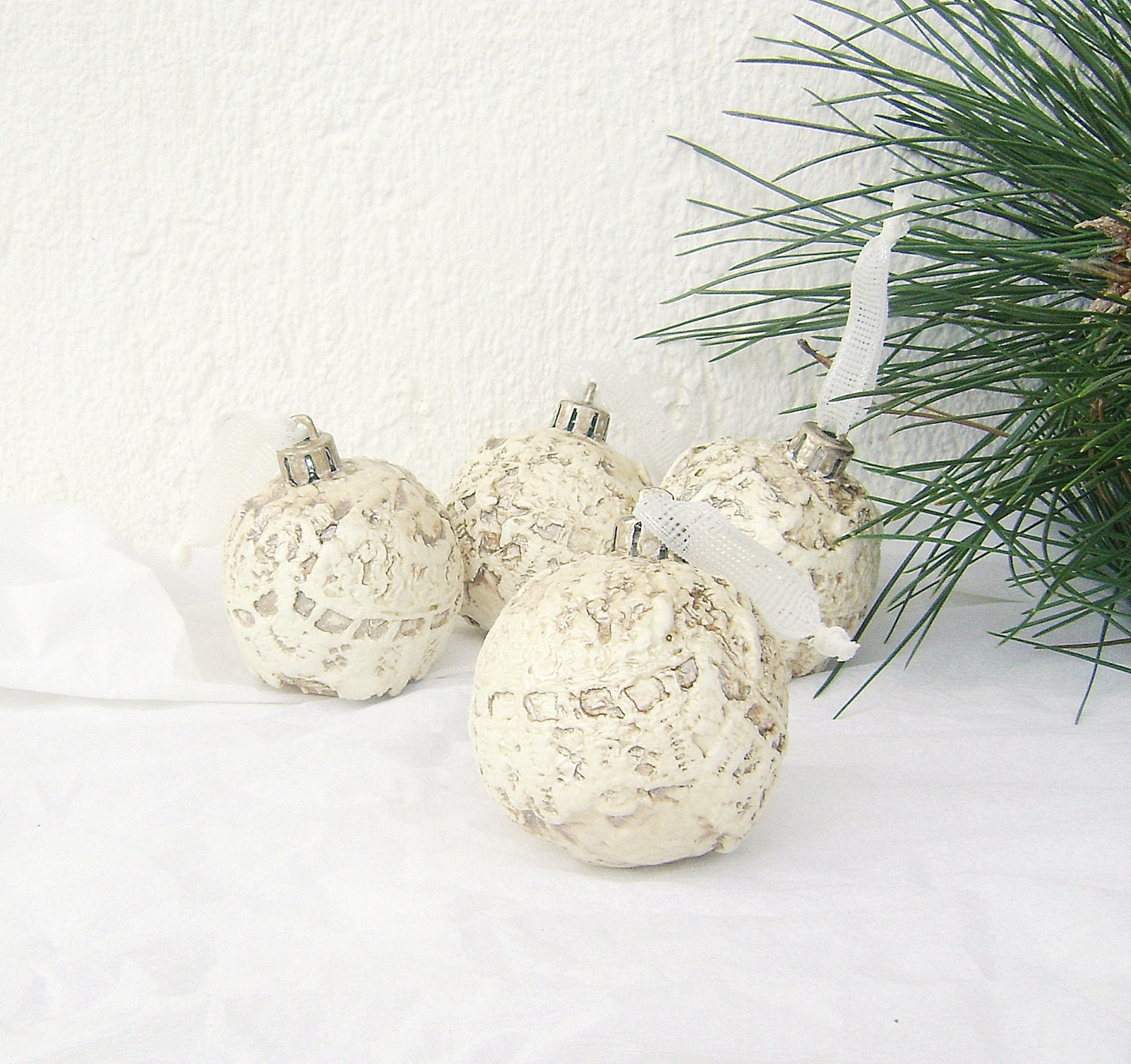 Set of Four Christmas Ornaments Balls  / Christmas  Holiday Plastic Balls  Lace Ornaments / Vintage Style Christmas Home Decor - NataliaDecor