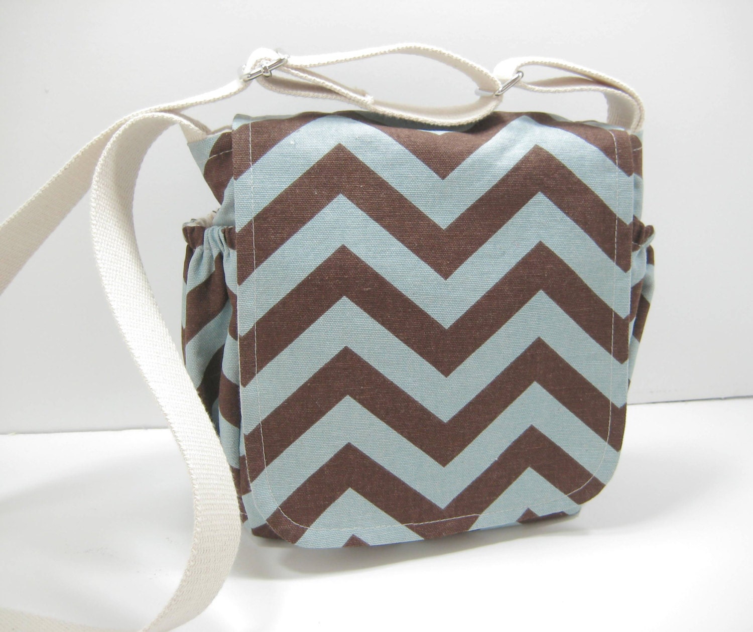 Chevron Messenger, Small Chevron Cross Body Bag, Brown and Blue, with Pouch, Ready to Ship