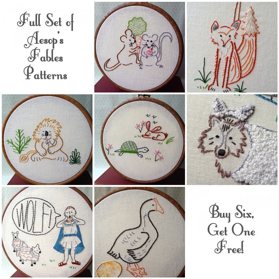 Complete Aesop Set - 7 PDF Embroidery Patterns - Aesop's Fables - Includes Color and Stitch Guide