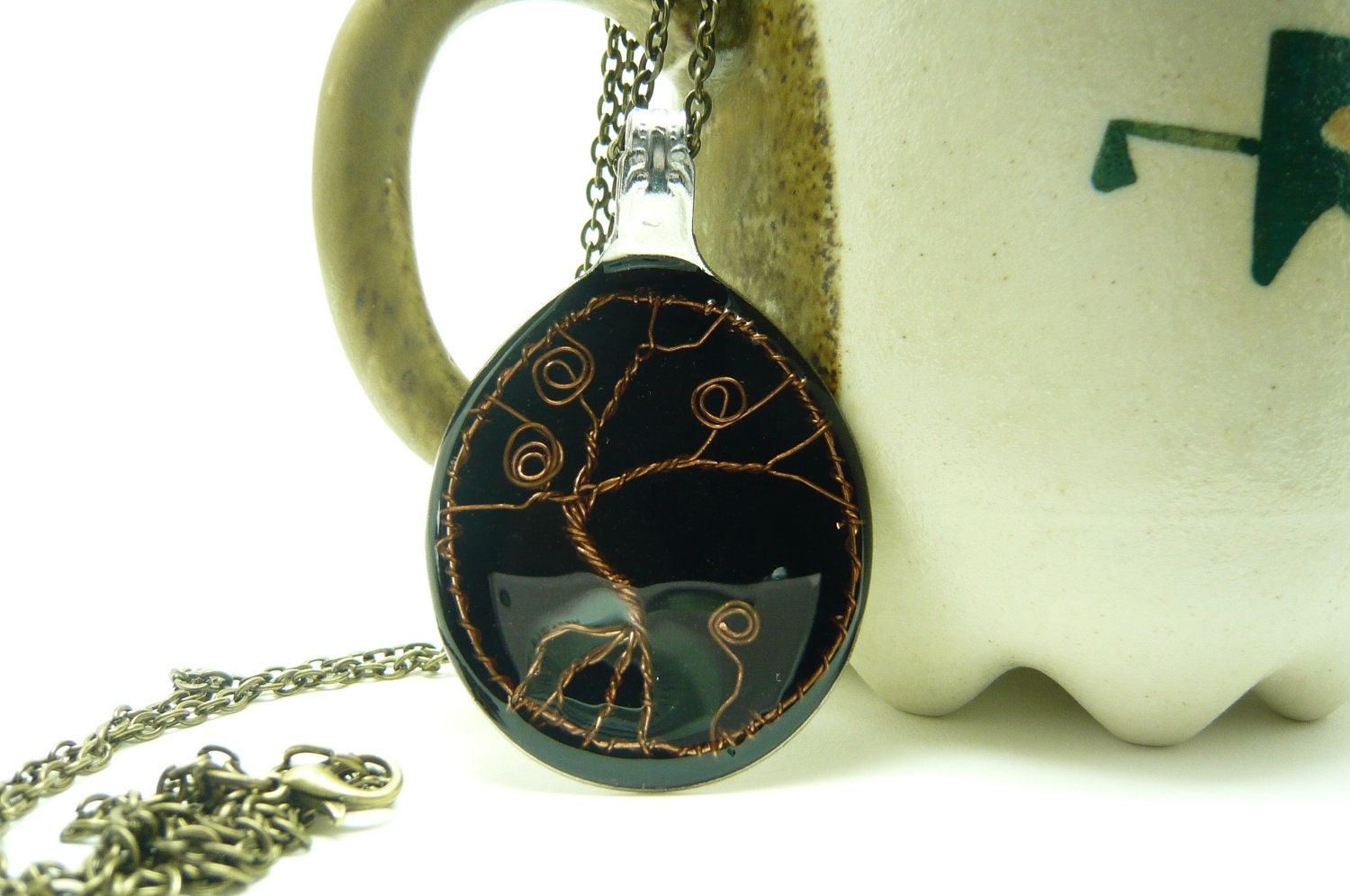 Tree of life pendant - copper wire wrapped in a sliver spoon resin jewelry