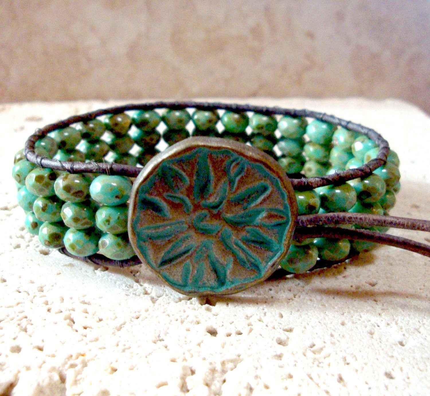 Green Turquoise Czech Picasso No.2 Handmade Beaded Leather Single Wrap Cuff  Style Bracelet