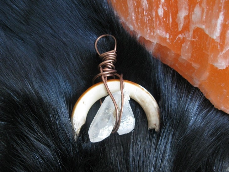 beaver tooth and quartz chunk copper wire wrapped pendant