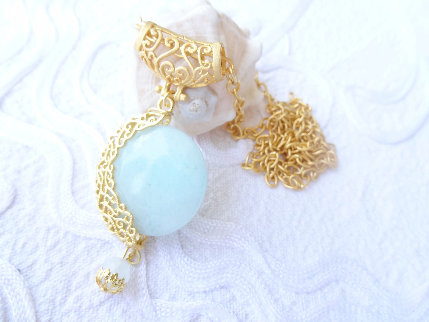 Aquamarine Stone  Necklace- gold plated necklace- jade stone