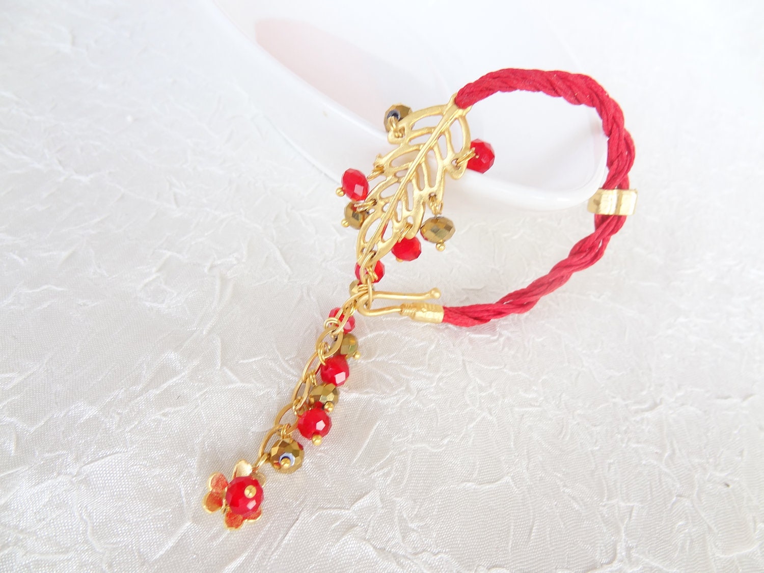 Gold Leaf Bracelet , Gold Plated Bracelet, Red Bracelet,OOAK Feminine Handmade , Christmas