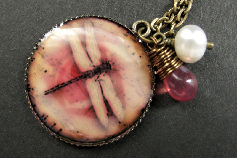 Dragonfly Necklace. Pink Dragonfly Pendant with Fresh Water Pearl and Pink Teardrop. Handmade Jewelry.