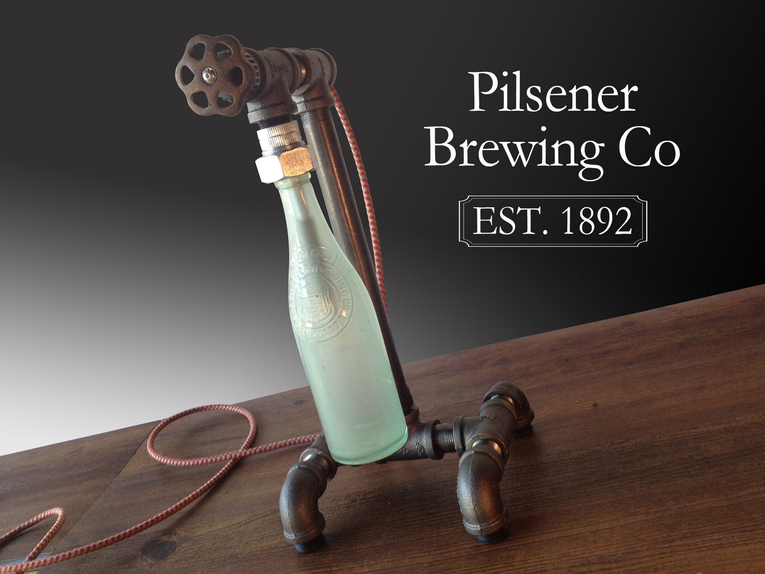 Industrial Brewery Lamp - Bottle Lighting - Steampunk Fixture - Faucet Switch - Table Lamp Furniture