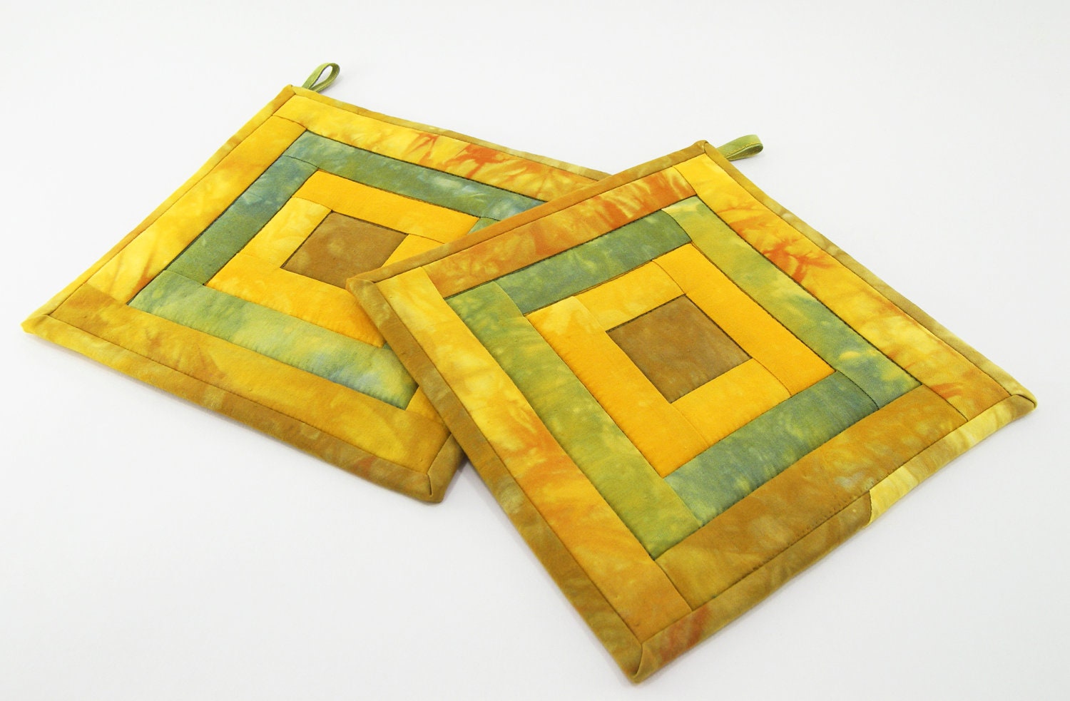 Fabric Hot Pads - Golden Yellow, Green and Bronze Tan Quilted Pot Holders