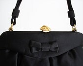 Vintage 60s purse/ black satin purse with bow/ sateen evening bag/ cocktail party accessory/ formal bag/ Andé handbag/ midnight black silk