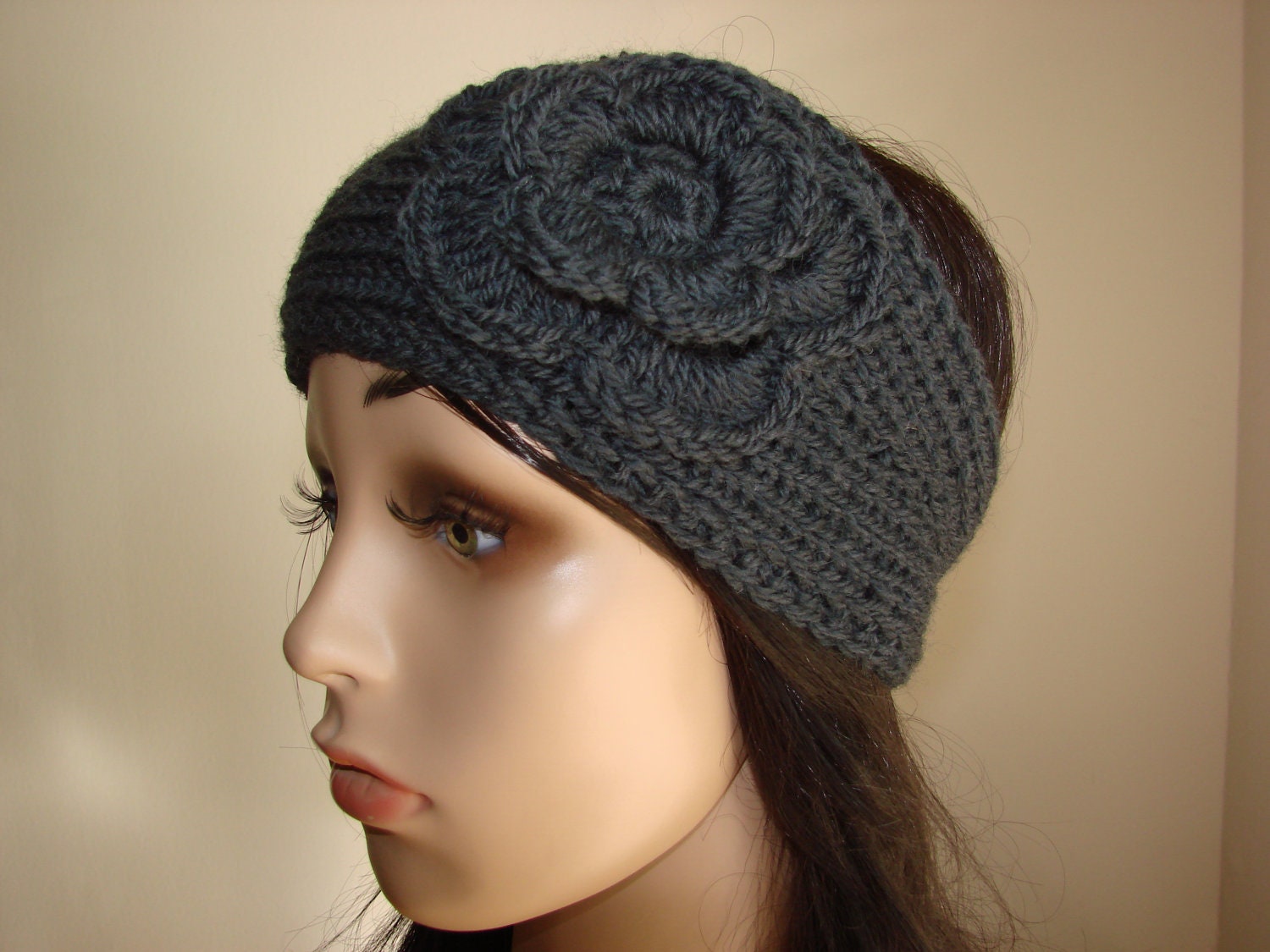 100% Wool Woman Teen Young Adult Girl knit headband with crocheted flower handmaded  Mercury dark grey earwarmer ski