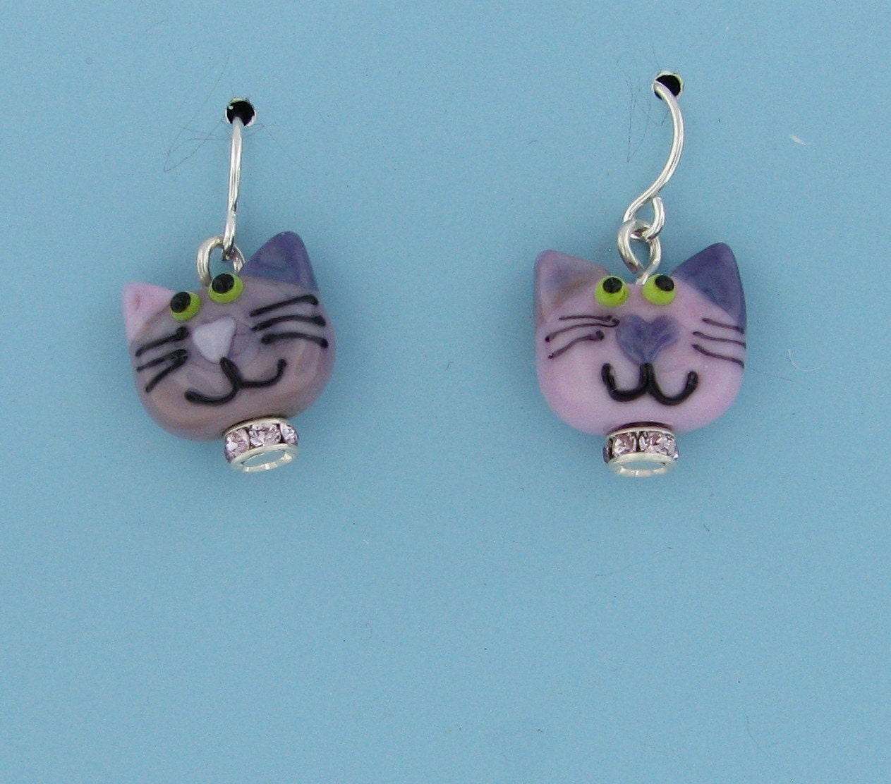 purple cat earrings - gifts for cat lovers - handmade lampwork glass cats