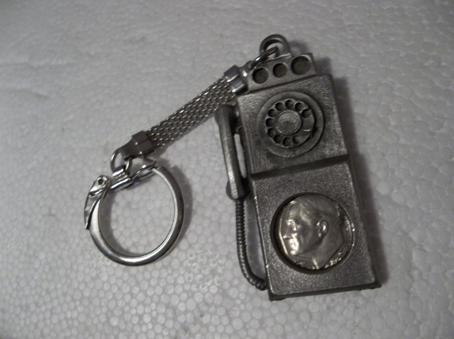 Pay Phone 10 Cent Phone Calls Wall Telephone Pewter Key Chain with 1970s Dime