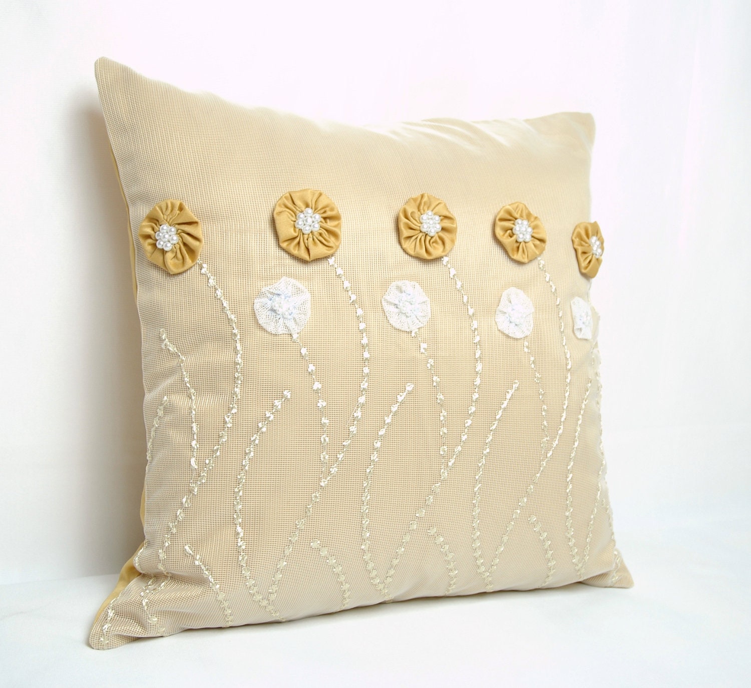 Cream Mustard Yellow , Tulle Fabric Flowers Satin  Decorative Pillow Case , Cushion Cover