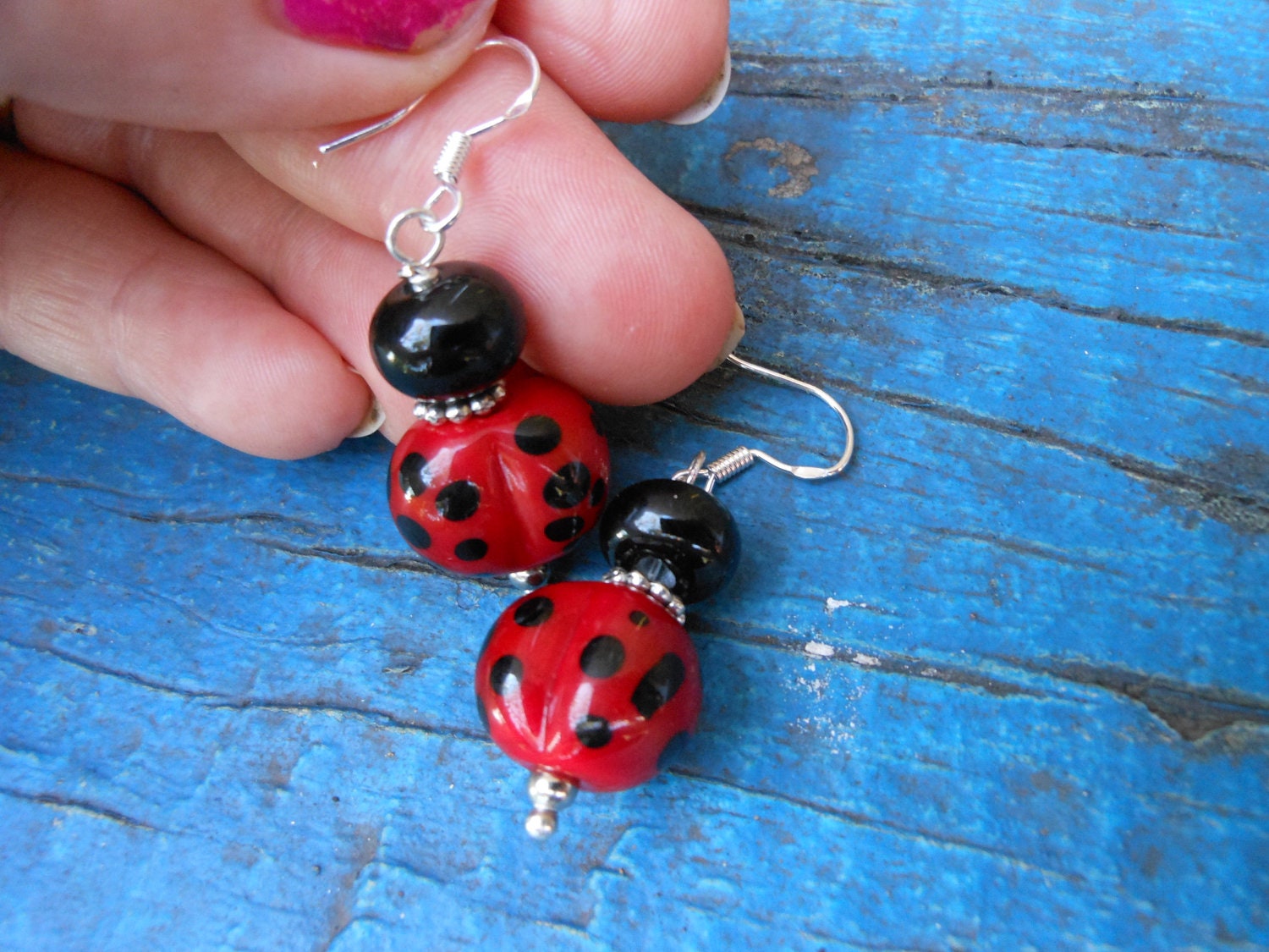 Lady Bug Earrings/Handmade Beads, Sterling Silver Hooks