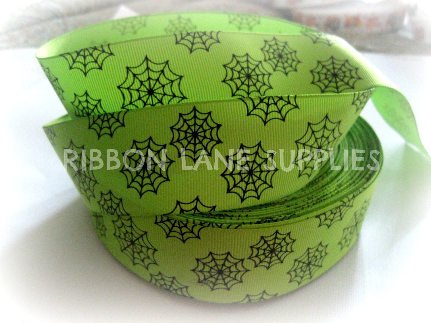 Ribbon by the Yard 1.5" Halloween Spider ribbon-Black web-green grosgrain ribbon Sewing, hair bows, crafts by Ribbon Lane Supplies on Etsy