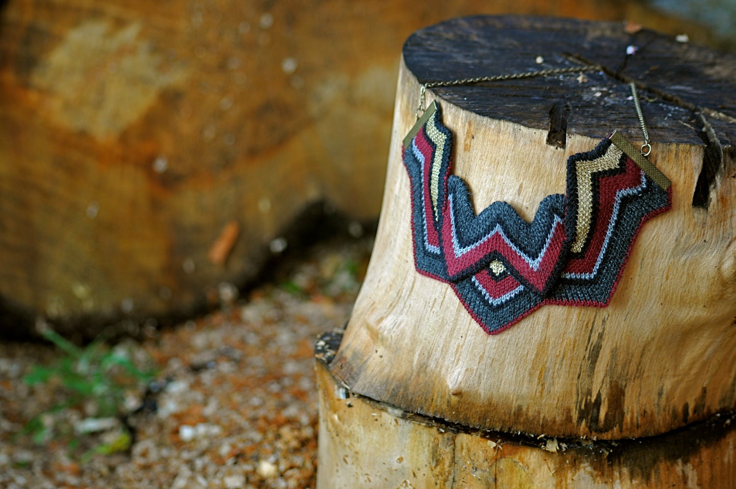 Asp - Knitted Statement Necklace, Sculptural Chevron knit in Wine and Gold