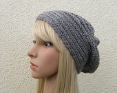 Hand Knit Beanie Slouch Hat in Heather Gray, Gray Knitted Hat
