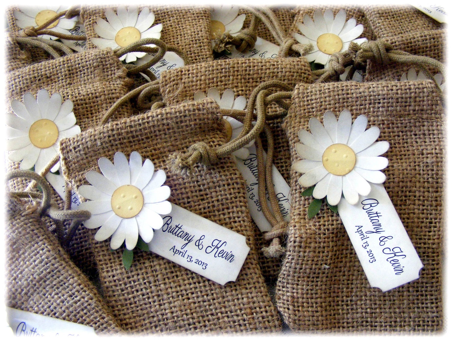 BURLAP WEDDING or shower favor bags with a rustic vintage daisy and CUSTOM tag - set of 10