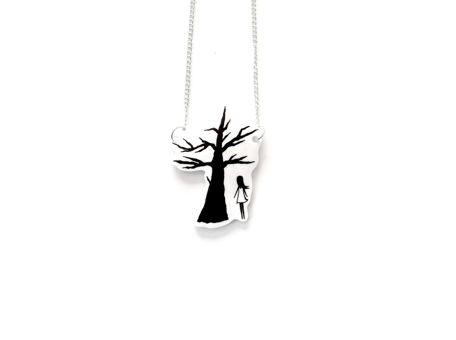 hand painted illustration on shrink plastic jewelry - Under the Tree