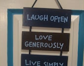 Hanging Wooden Decor with Hand-painted Quote: "Laugh Often, Love Generously, Live Simply"