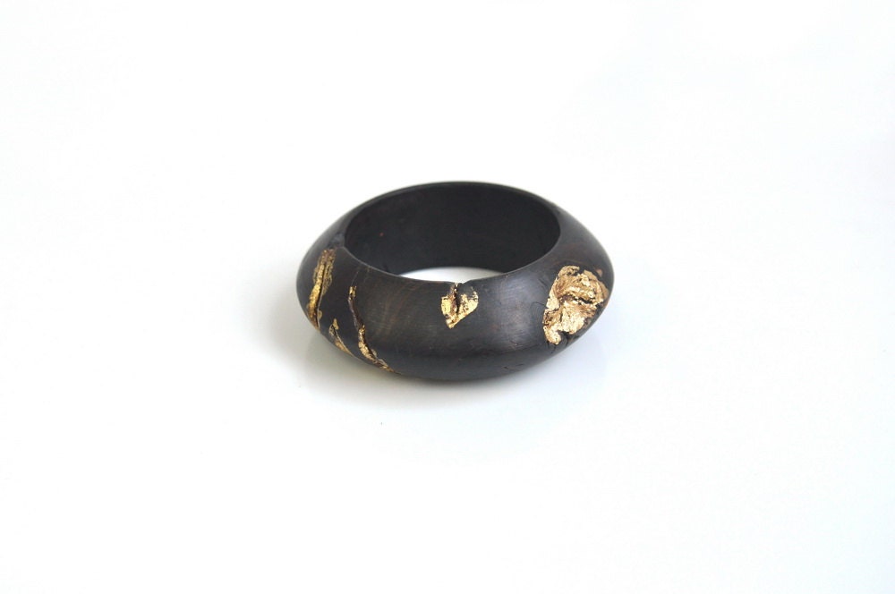Wood Bracelet Olivewood Black and Gold Leaf Bangle 1