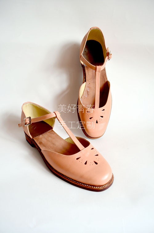 Handstitched Nude Pink Leather Shoes/ Mary Jane Shoes Two Colors