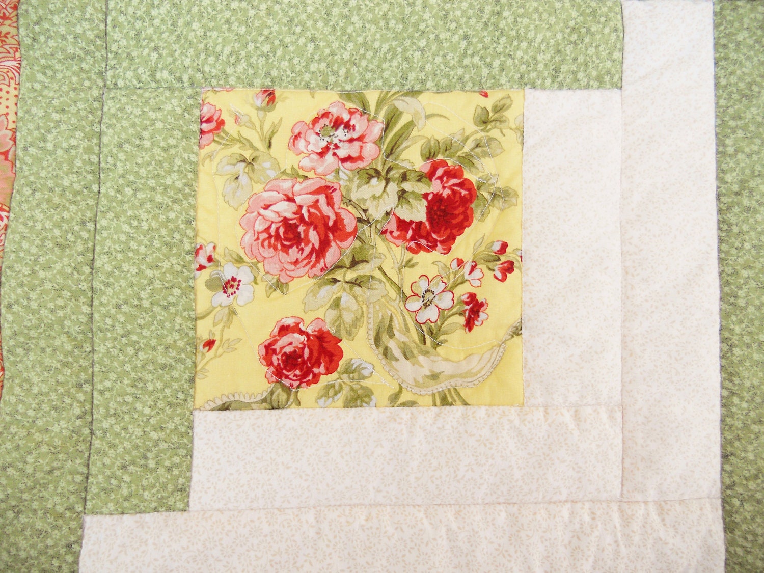 Soft Peach, Sunshine Yellow and Celery Green Tablerunner - Quilted, Floral, Paisley, Log Cabin, Special Order