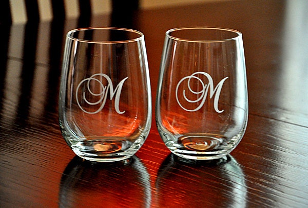 Etched Stemless Wine Glasses Monogrammed Host Hostess Gift (set of 2) AS SEEN ON Live with Kelly & Michael