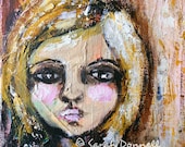 A4 Print Original Artwork Mixed Media Girl Painting Mixed Media Collage Wall Art Big Eye 70s Glicee Modern Retro Art - Wide Eyes