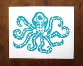 Octobones Art Print - Octopus with Bones - 8x10 Linocut - Teal